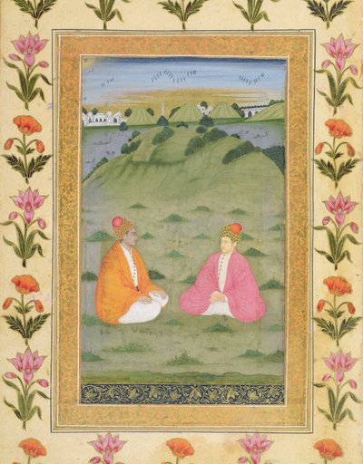 Zwei Edelleute sitzen in einer Landschaft, aus dem Small Clive Album von Mughal School